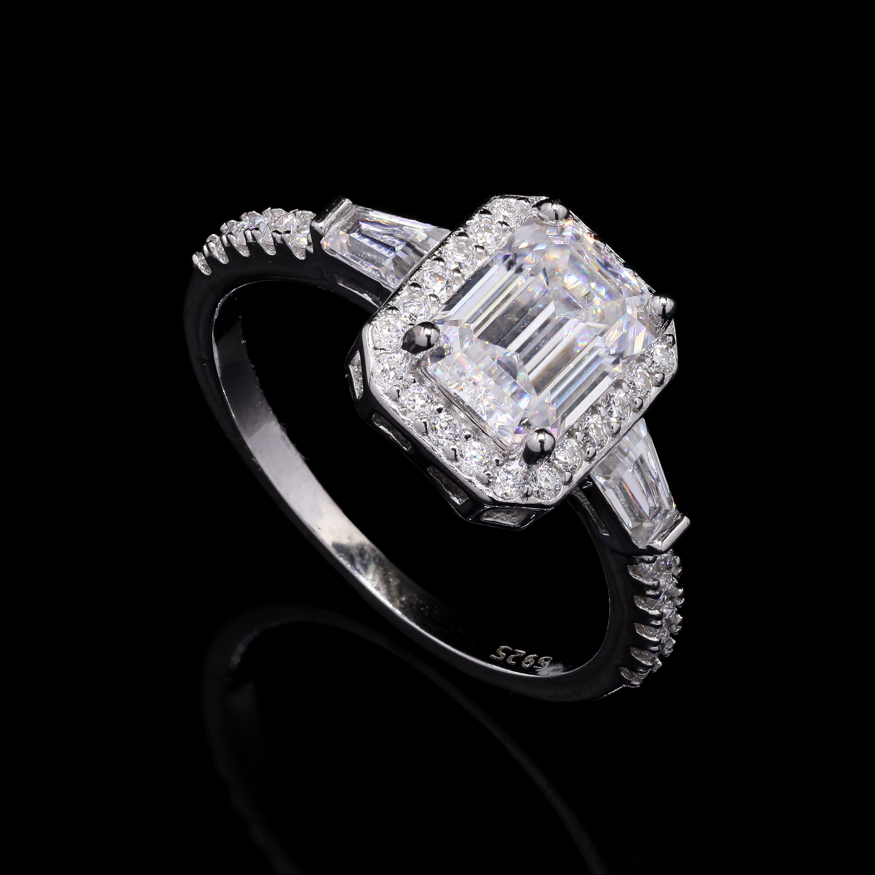 Imperial Grace 2.05ct Moissanite Halo Engagement Ring – Emerald Cut with Tapered Sides