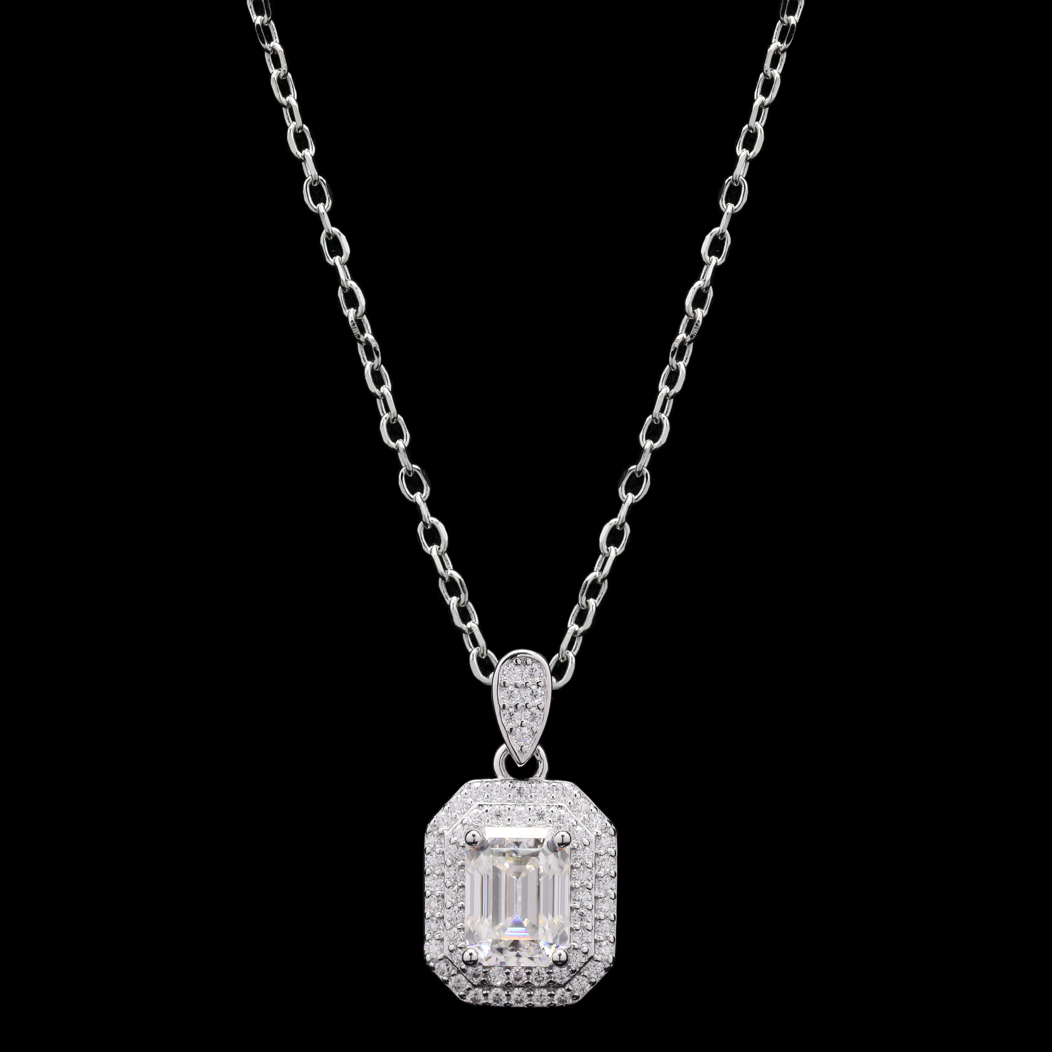 Regal Lumina 1.4ct Moissanite Pendant Necklace – Emerald Cut Double Halo Design