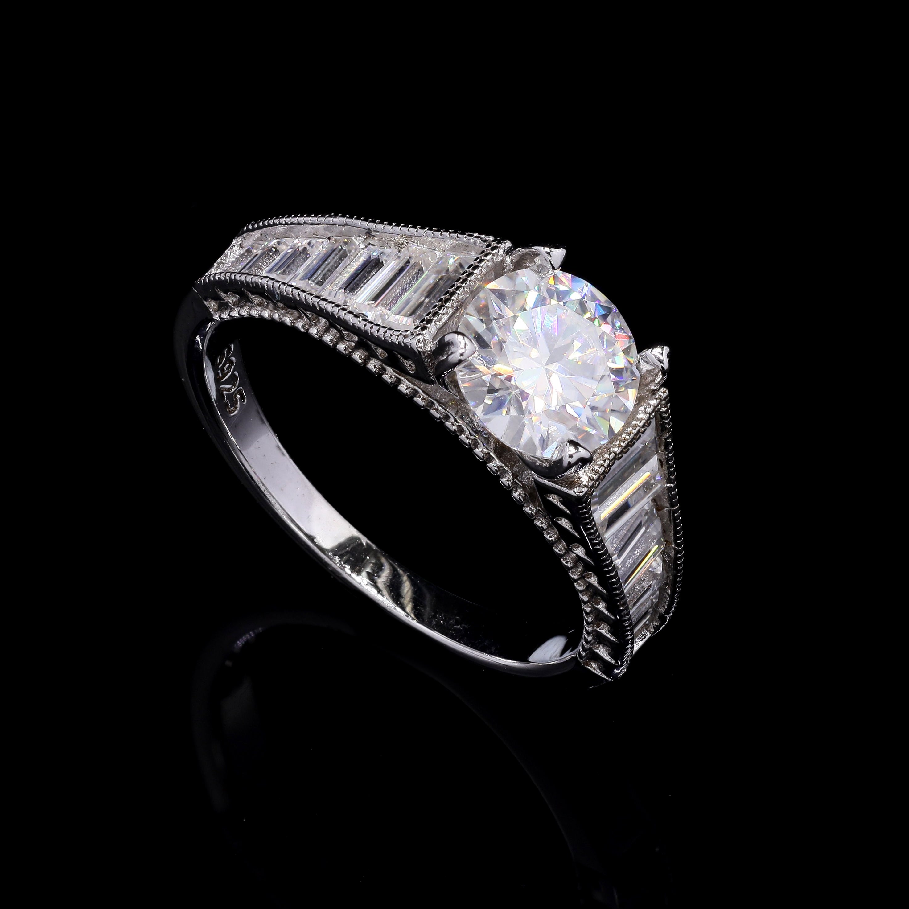 Regal Radiance 2.21ct Moissanite Engagement Ring – Round & Baguette Cut