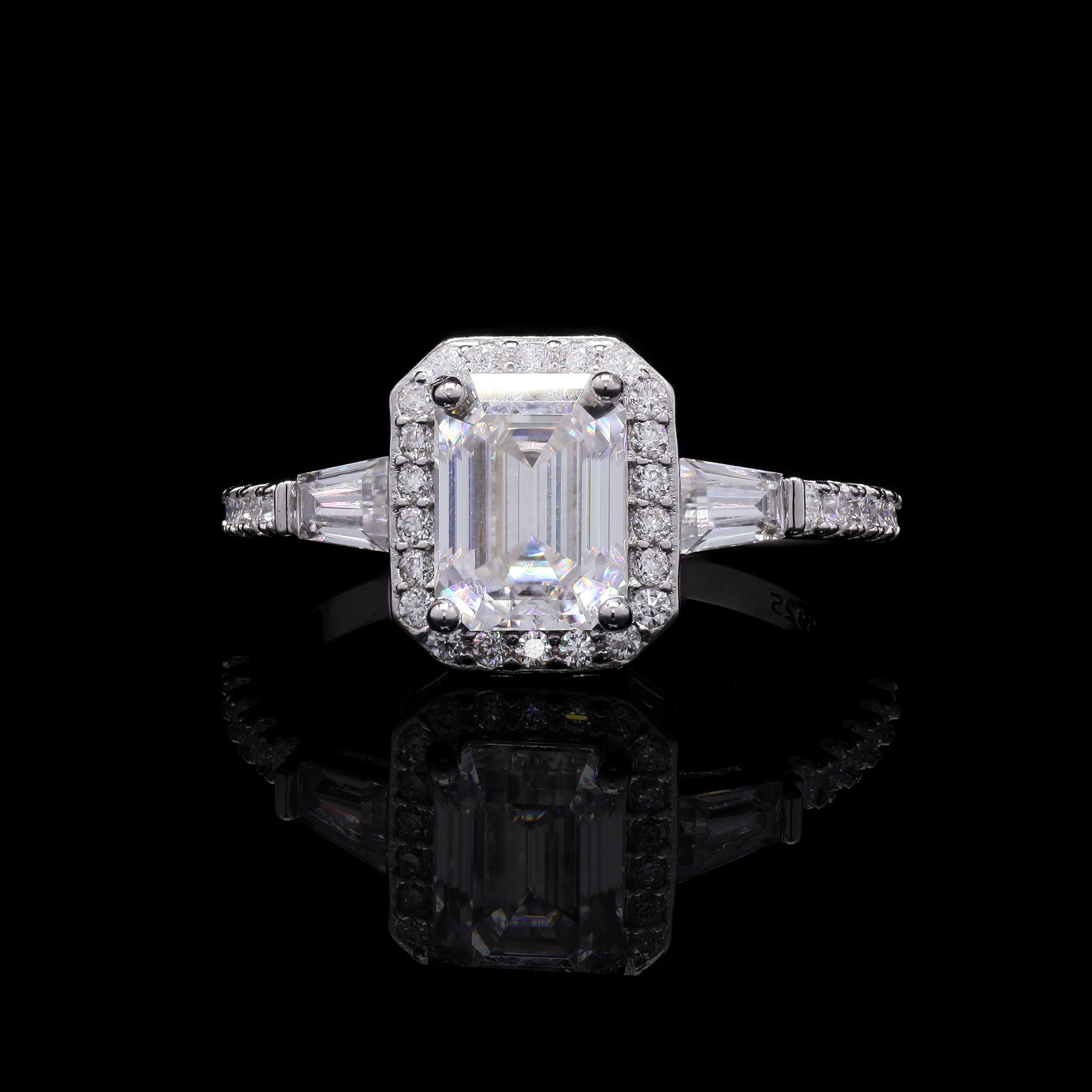 Imperial Grace 2.05ct Moissanite Halo Engagement Ring – Emerald Cut with Tapered Sides