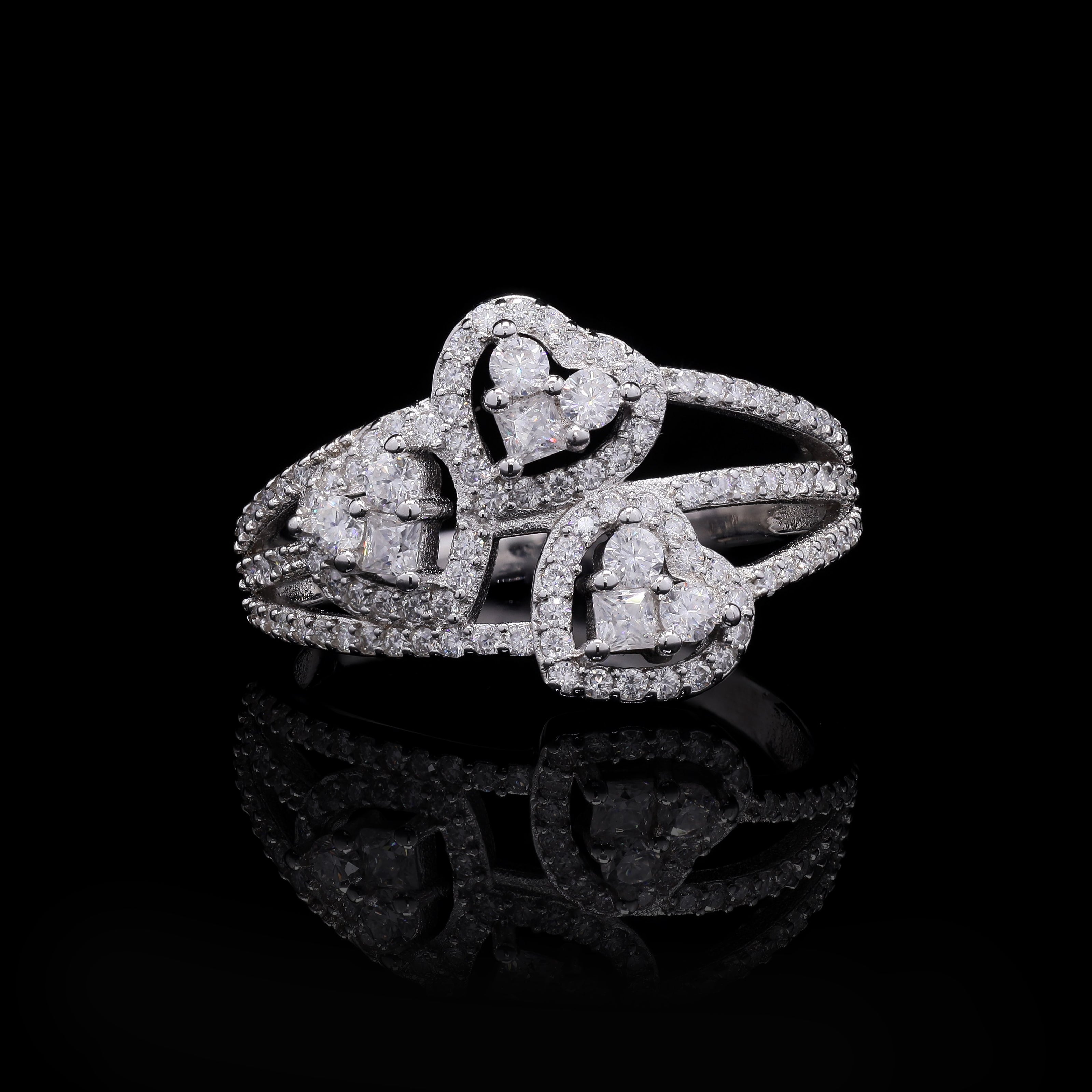 Trinity Hearts 1.04ct Moissanite Ring – Triple Heart Pavé Design