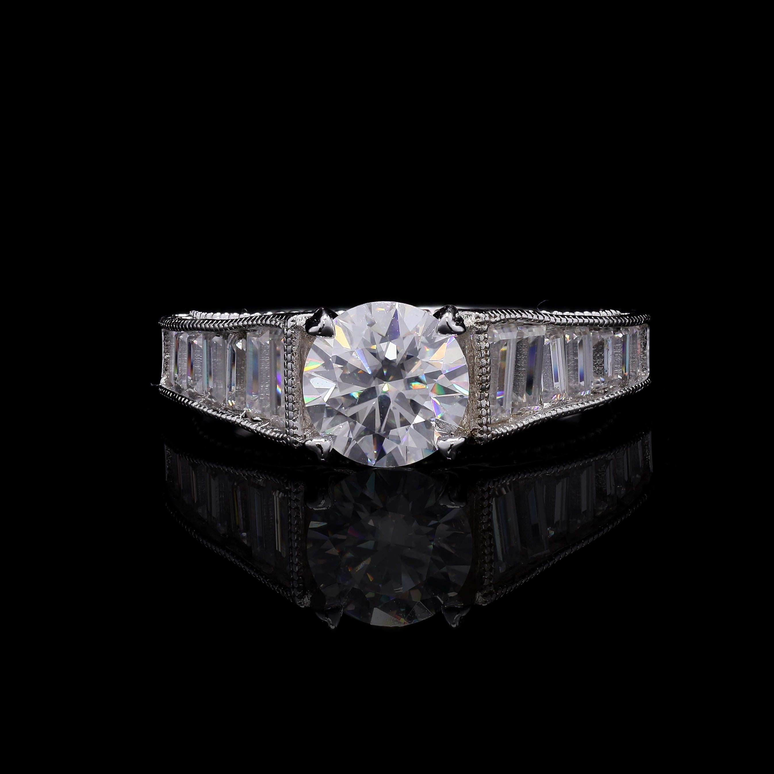 Regal Radiance 2.21ct Moissanite Engagement Ring – Round &amp; Baguette Cut
