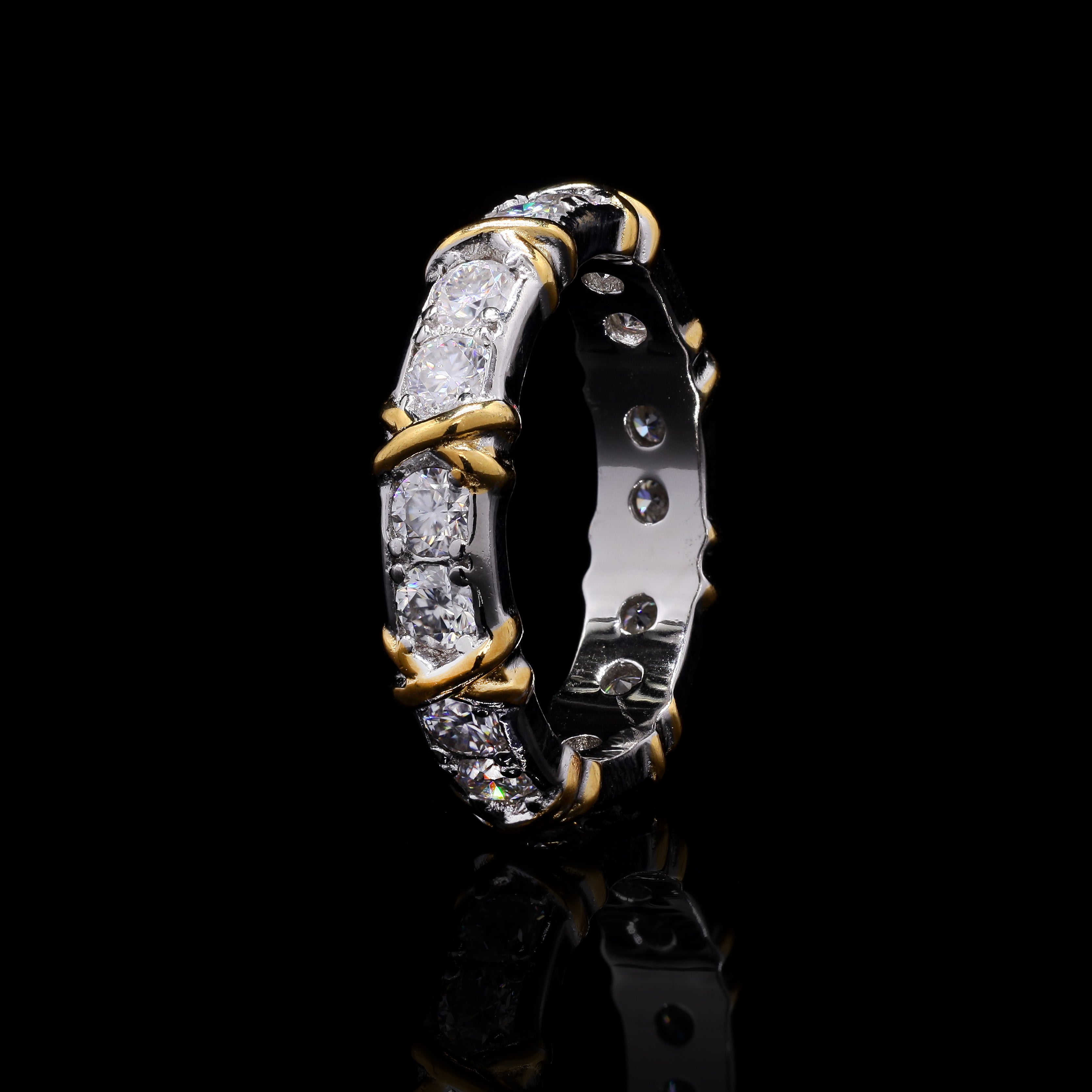 Golden Embrace 1.6ct Moissanite Eternity Band – Two-Tone Crossover Design